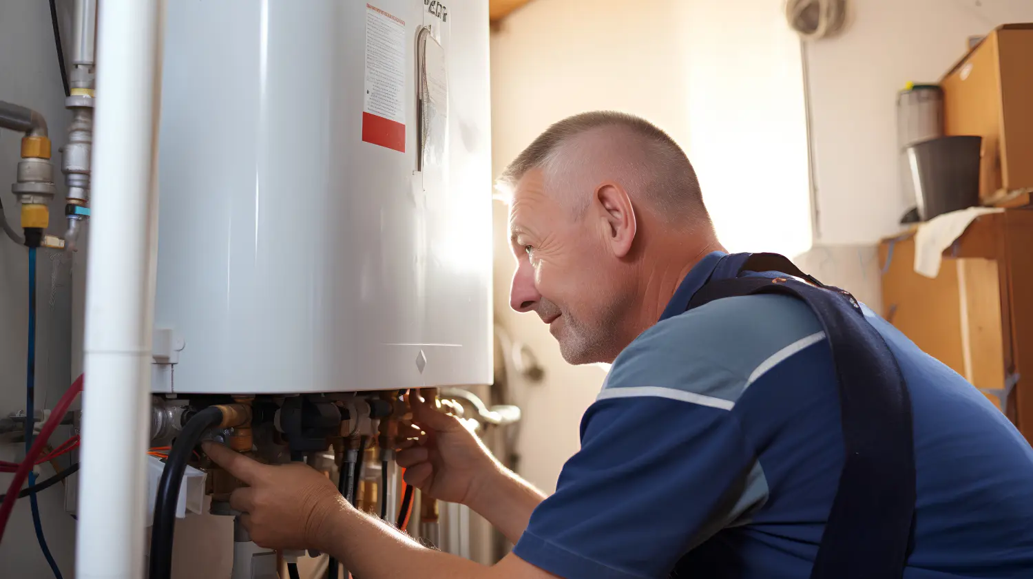 Professioneller Klempner installiert einen neuen Warmwasserbereiter in einem Wohnhaus