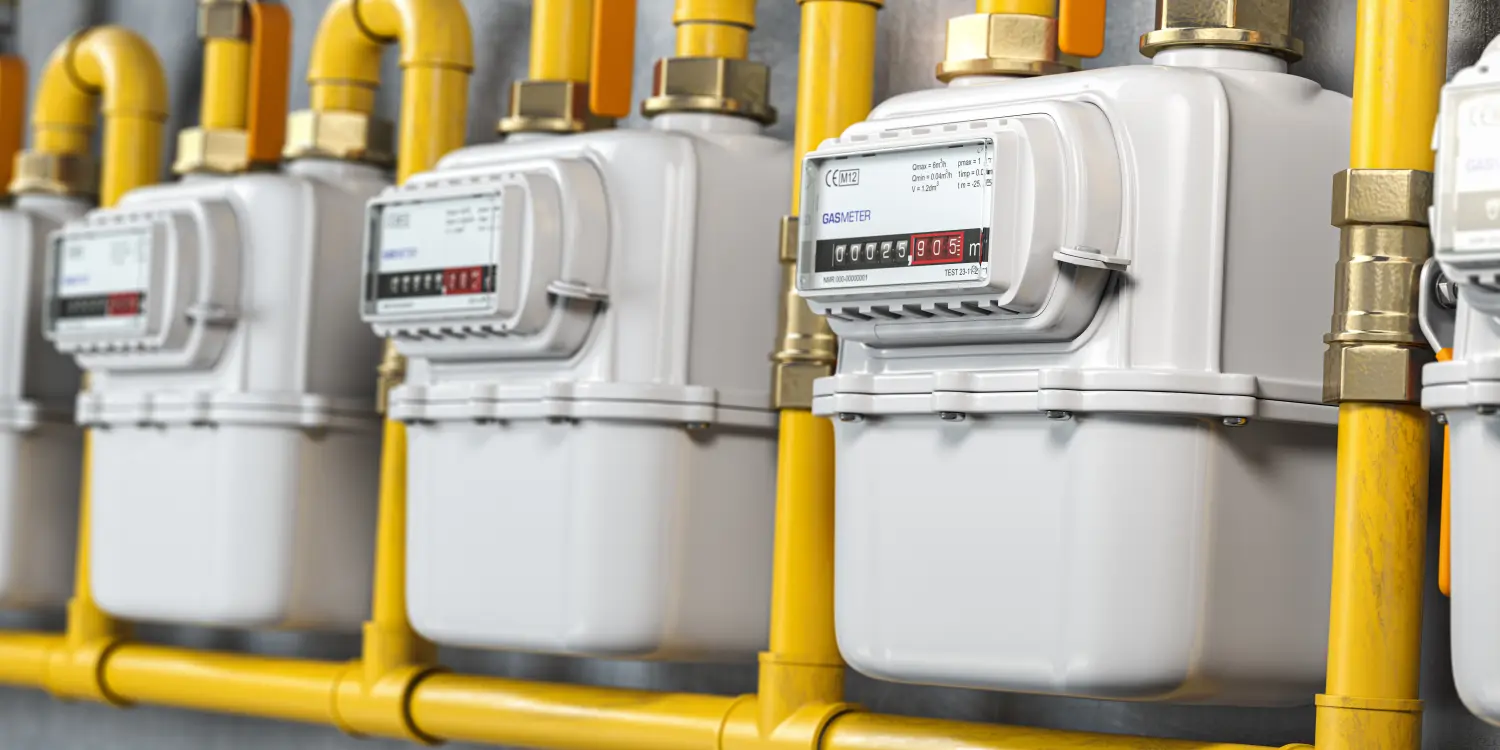 Erdgaszähler in einer Reihe. Energieverbrauch der Haushalte.